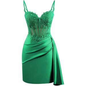 imageV Neck Satin Homecoming Dresses for Teens Lace Short Porm Dress Mermaid Pleated Bodycon Cocktail DressGreen