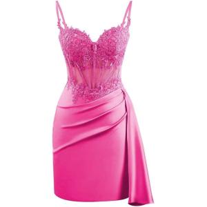 imageV Neck Satin Homecoming Dresses for Teens Lace Short Porm Dress Mermaid Pleated Bodycon Cocktail DressHot Pink
