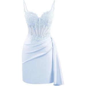 imageV Neck Satin Homecoming Dresses for Teens Lace Short Porm Dress Mermaid Pleated Bodycon Cocktail DressLavender