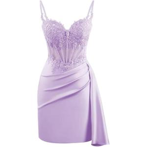 imageV Neck Satin Homecoming Dresses for Teens Lace Short Porm Dress Mermaid Pleated Bodycon Cocktail DressLilac