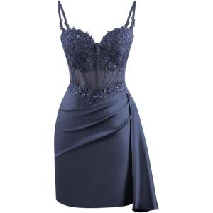 imageV Neck Satin Homecoming Dresses for Teens Lace Short Porm Dress Mermaid Pleated Bodycon Cocktail DressNavy Blue