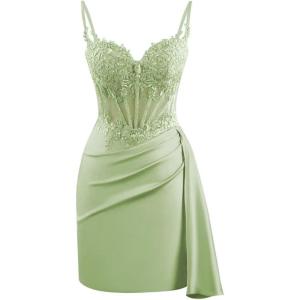 imageV Neck Satin Homecoming Dresses for Teens Lace Short Porm Dress Mermaid Pleated Bodycon Cocktail DressOlive