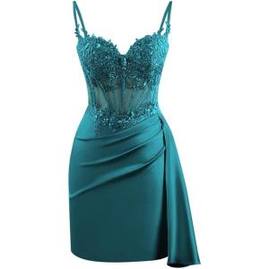 imageV Neck Satin Homecoming Dresses for Teens Lace Short Porm Dress Mermaid Pleated Bodycon Cocktail DressPeacock