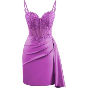 imageV Neck Satin Homecoming Dresses for Teens Lace Short Porm Dress Mermaid Pleated Bodycon Cocktail DressPurple