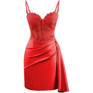 imageV Neck Satin Homecoming Dresses for Teens Lace Short Porm Dress Mermaid Pleated Bodycon Cocktail DressRed