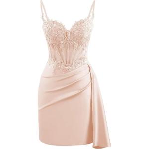 imageV Neck Satin Homecoming Dresses for Teens Lace Short Porm Dress Mermaid Pleated Bodycon Cocktail DressRose Gold