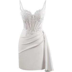 imageV Neck Satin Homecoming Dresses for Teens Lace Short Porm Dress Mermaid Pleated Bodycon Cocktail DressSilver