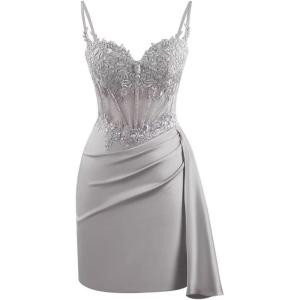 imageV Neck Satin Homecoming Dresses for Teens Lace Short Porm Dress Mermaid Pleated Bodycon Cocktail DressSteel Blue