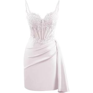 imageV Neck Satin Homecoming Dresses for Teens Lace Short Porm Dress Mermaid Pleated Bodycon Cocktail DressWhite