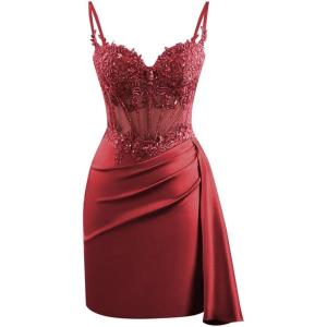 imageV Neck Satin Homecoming Dresses for Teens Lace Short Porm Dress Mermaid Pleated Bodycon Cocktail DressWine Red