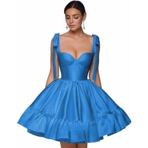 imagehomdor Spaghetti Straps Satin Homecoming Dresses ALine Prom Dress Cute Short Formal Cocktail DressBlue