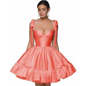 imagehomdor Spaghetti Straps Satin Homecoming Dresses ALine Prom Dress Cute Short Formal Cocktail DressCoral