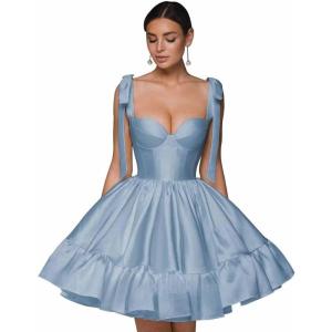 imagehomdor Spaghetti Straps Satin Homecoming Dresses ALine Prom Dress Cute Short Formal Cocktail DressDusty Blue