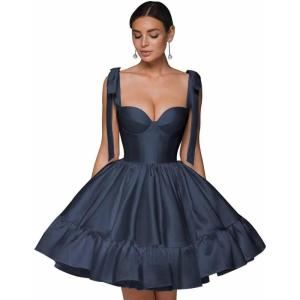 imagehomdor Spaghetti Straps Satin Homecoming Dresses ALine Prom Dress Cute Short Formal Cocktail DressNavy Blue