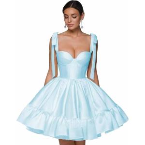 imagehomdor Spaghetti Straps Satin Homecoming Dresses ALine Prom Dress Cute Short Formal Cocktail DressSky Blue