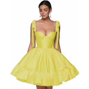 imagehomdor Spaghetti Straps Satin Homecoming Dresses ALine Prom Dress Cute Short Formal Cocktail DressYellow