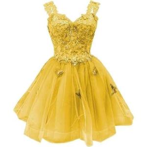 image3D Butterfly Short Homecoming Dresses Sparkly Sequin Prom Dress for Teens Off Shoulder DAMA Dresses for QuinceaneraDark Yellow