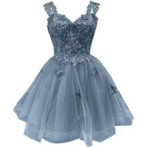 image3D Butterfly Short Homecoming Dresses Sparkly Sequin Prom Dress for Teens Off Shoulder DAMA Dresses for QuinceaneraDusty Blue