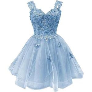 image3D Butterfly Short Homecoming Dresses Sparkly Sequin Prom Dress for Teens Off Shoulder DAMA Dresses for QuinceaneraLight Blue