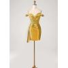imageOff Shoulder Satin Homecoming Dresses for Teens 2025 Beaded Short Prom Dresses Pleated Cocktail Party Dress with Slit TailYellow