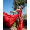imageOff Shoulder Satin Prom Dresses Long 2025 Beaded Formal Dresses Pleated Evening Party Gown with Slit TailYellow