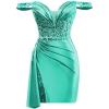imageOff Shoulder Satin Homecoming Dresses for Teens 2025 Beaded Short Prom Dresses Pleated Cocktail Party Dress with Slit TailAqua