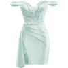 imageOff Shoulder Satin Homecoming Dresses for Teens 2025 Beaded Short Prom Dresses Pleated Cocktail Party Dress with Slit TailBaby Blue