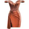 imageOff Shoulder Satin Homecoming Dresses for Teens 2025 Beaded Short Prom Dresses Pleated Cocktail Party Dress with Slit TailBurnt Orange
