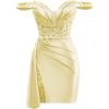 imageOff Shoulder Satin Homecoming Dresses for Teens 2025 Beaded Short Prom Dresses Pleated Cocktail Party Dress with Slit TailYellow