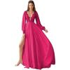 imageV Neck Long Sleeve Bridesmaid Dresses Lace Beach Boho Wedding Dress Chiffon Formal Gowns for Women with SlitFuchsia
