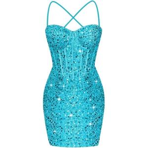 imageCorset Homecoming Dresses for Teens Spaghetti Straps Tight Short Prom Dress Sequin Bodycon Mini Club Night DressesAqua