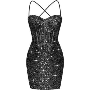 imageCorset Homecoming Dresses for Teens Spaghetti Straps Tight Short Prom Dress Sequin Bodycon Mini Club Night DressesBlack