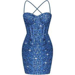 imageCorset Homecoming Dresses for Teens Spaghetti Straps Tight Short Prom Dress Sequin Bodycon Mini Club Night DressesBlue