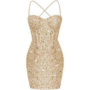 imageCorset Homecoming Dresses for Teens Spaghetti Straps Tight Short Prom Dress Sequin Bodycon Mini Club Night DressesChampagne