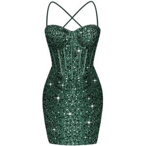 imageCorset Homecoming Dresses for Teens Spaghetti Straps Tight Short Prom Dress Sequin Bodycon Mini Club Night DressesEmerald Green