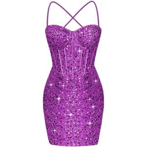 imageCorset Homecoming Dresses for Teens Spaghetti Straps Tight Short Prom Dress Sequin Bodycon Mini Club Night DressesFuchsia