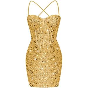 imageCorset Homecoming Dresses for Teens Spaghetti Straps Tight Short Prom Dress Sequin Bodycon Mini Club Night DressesGold