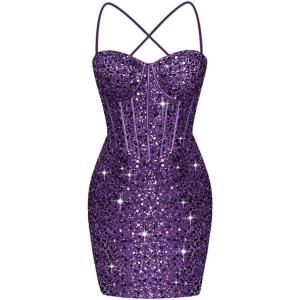 imageCorset Homecoming Dresses for Teens Spaghetti Straps Tight Short Prom Dress Sequin Bodycon Mini Club Night DressesGrape