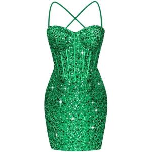 imageCorset Homecoming Dresses for Teens Spaghetti Straps Tight Short Prom Dress Sequin Bodycon Mini Club Night DressesGreen