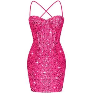 imageCorset Homecoming Dresses for Teens Spaghetti Straps Tight Short Prom Dress Sequin Bodycon Mini Club Night DressesHot Pink