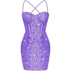 imageCorset Homecoming Dresses for Teens Spaghetti Straps Tight Short Prom Dress Sequin Bodycon Mini Club Night DressesLavender