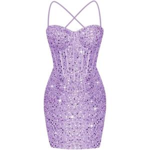 imageCorset Homecoming Dresses for Teens Spaghetti Straps Tight Short Prom Dress Sequin Bodycon Mini Club Night DressesLilac