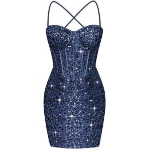 imageCorset Homecoming Dresses for Teens Spaghetti Straps Tight Short Prom Dress Sequin Bodycon Mini Club Night DressesNavy Blue