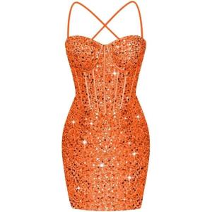 imageCorset Homecoming Dresses for Teens Spaghetti Straps Tight Short Prom Dress Sequin Bodycon Mini Club Night DressesOrange