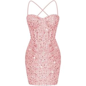 imageCorset Homecoming Dresses for Teens Spaghetti Straps Tight Short Prom Dress Sequin Bodycon Mini Club Night DressesPink