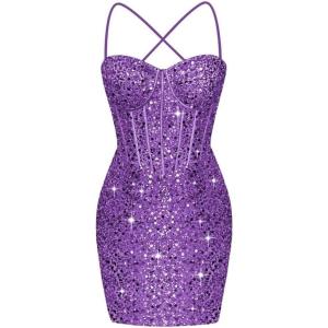 imageCorset Homecoming Dresses for Teens Spaghetti Straps Tight Short Prom Dress Sequin Bodycon Mini Club Night DressesPurple