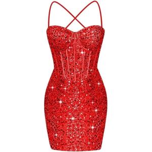 imageCorset Homecoming Dresses for Teens Spaghetti Straps Tight Short Prom Dress Sequin Bodycon Mini Club Night DressesRed