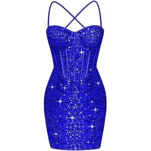 imageCorset Homecoming Dresses for Teens Spaghetti Straps Tight Short Prom Dress Sequin Bodycon Mini Club Night DressesRoyal Blue