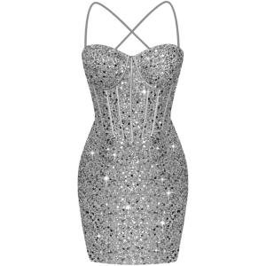imageCorset Homecoming Dresses for Teens Spaghetti Straps Tight Short Prom Dress Sequin Bodycon Mini Club Night DressesSilver