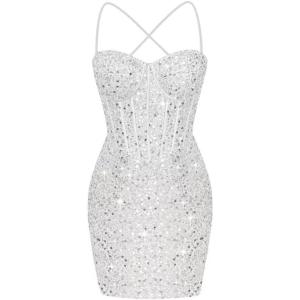 imageCorset Homecoming Dresses for Teens Spaghetti Straps Tight Short Prom Dress Sequin Bodycon Mini Club Night DressesWhite